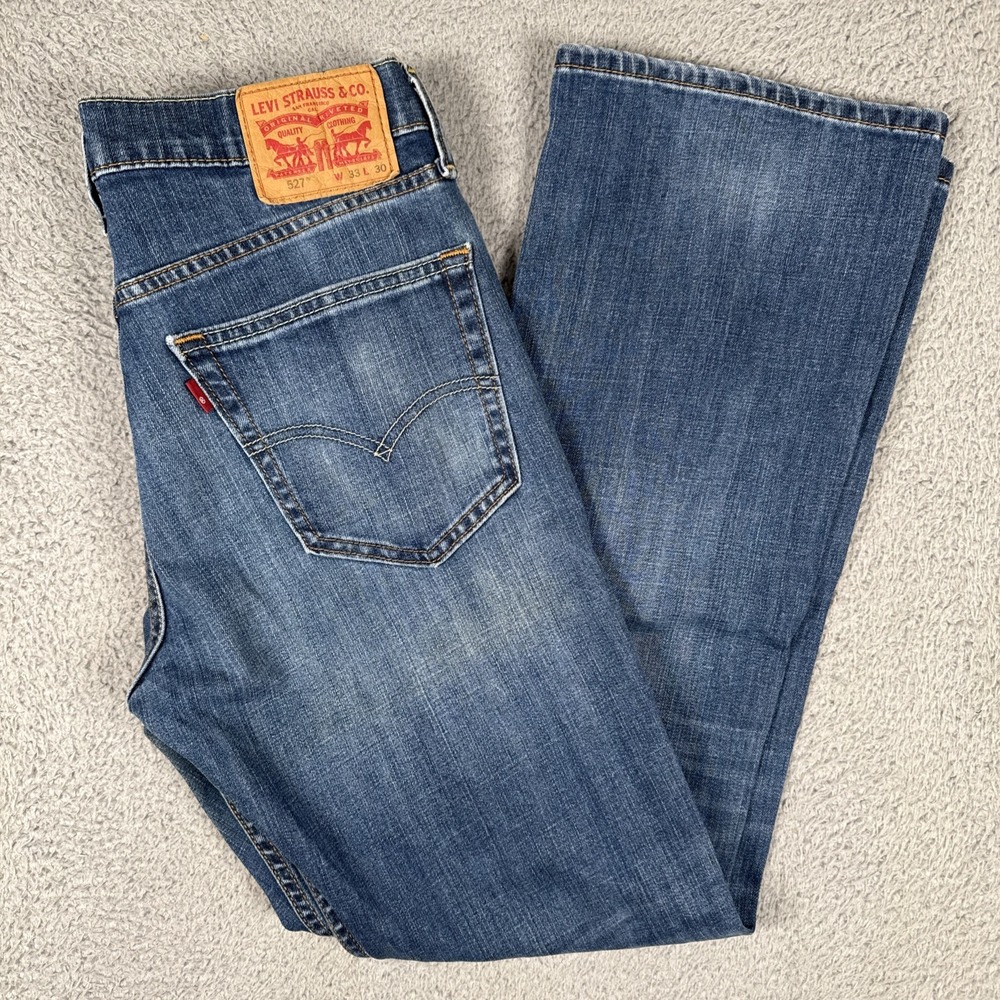 Levis 527 Jeans Mens 33x30 Blue Slim Bootcut Medium Wash Whiskers Stretch